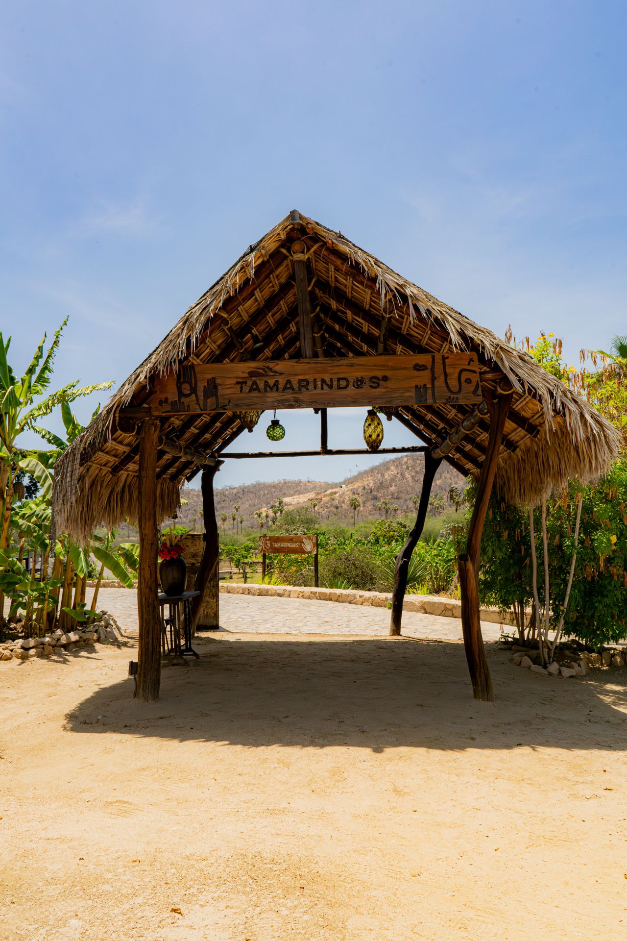 Entrada de palapa con camino de arena